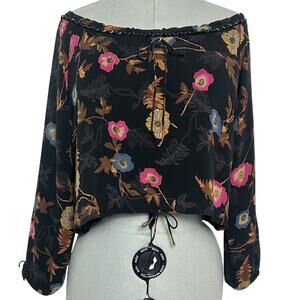 Vintage Silk Black Floral Beaded Long Sleeve Blouse Size 8
